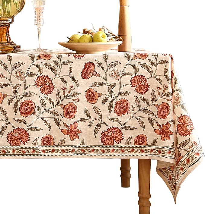 Floral Tablecloth for Rectangle Tables,Linen Table Cloth with Orange Flowers and Green Leaves,Heavy Durable Table Cover for Dining Thanksgiving Kitchen Party Banquet Christmas,63"*102"
