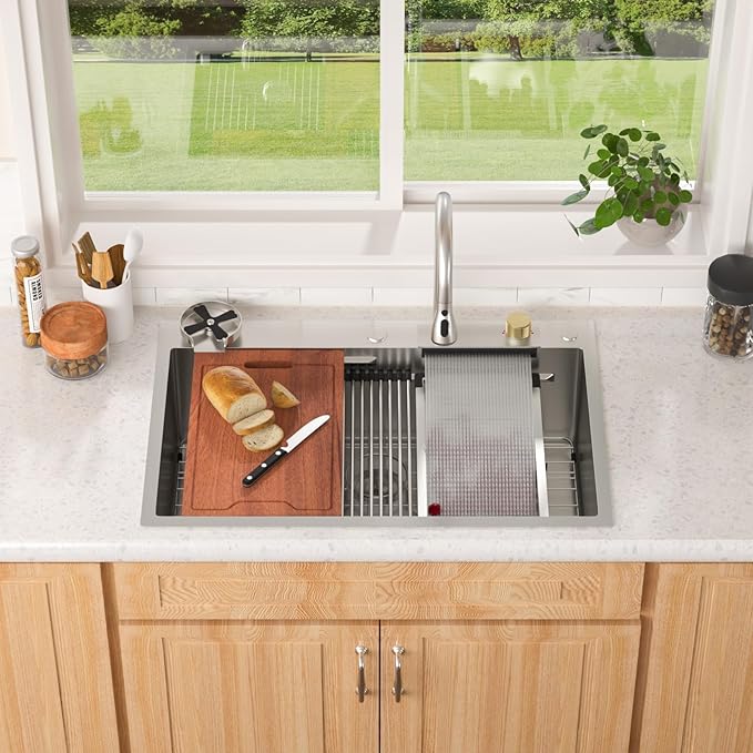 30 Kitchen Sink Drop In with Faucet - Lordear 30x19 Inch Waterfall Kitchen Sinks Topmount Stainless Steel 16 Gauge Single Bowl Workstation Kitchen Sink With Faucet Combo