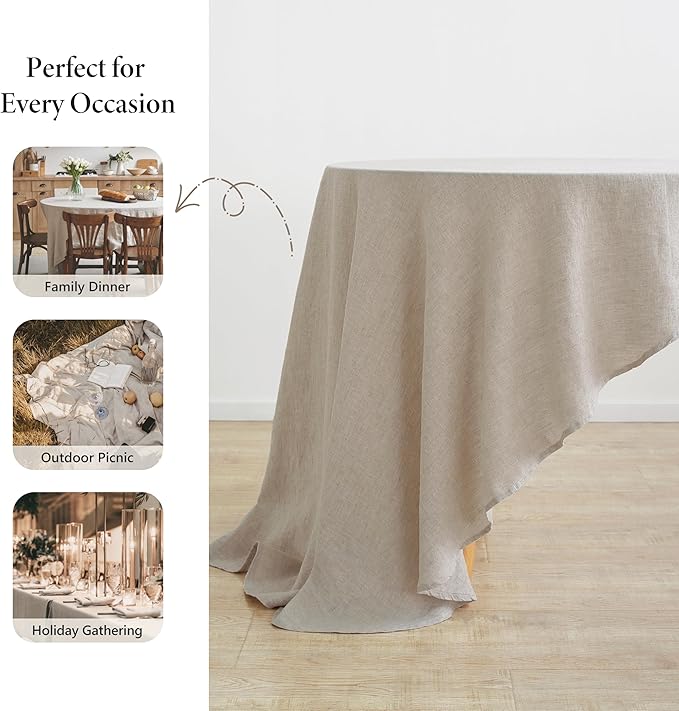 Linen World Linen Tablecloth, 100% French Linen Round Tablecloth 60" Inch, Washable Natural Tablecloth for Dining, Outdoor, Weddings and Restaurants, Decorative Valentine Easter