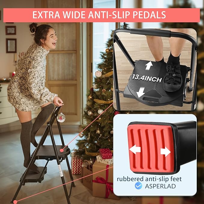 600lbs 2 Step Ladder,Folding Step Stool with Wide Anti-Slip Pedal, Heavy Duty Sturdy Steel Ladder with Handgrip,Portable Steel Step Stool for Home Kitchen Library Office (Matte Black)