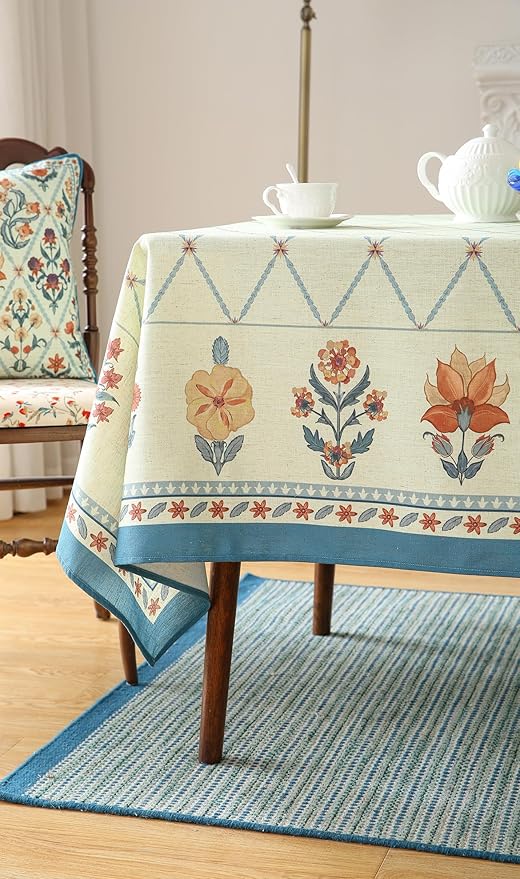 French Tablecloth for Rectangle Tables,Linen Table Cloth with Colorful Flowers and Leaves Pattern,Heavy Durable Soft Table Cover for Dining Kitchen Party Christmas,63"*94"