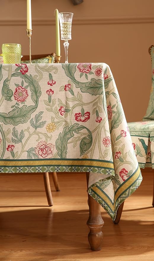 patdrea Designer Green Tablecloth for Rectangle Tables,Vintage Linen with Leaves and Flowers Pattern Tablecloths,Farmhouse Floral Table Cover Cloth Decor for Kitchen Dining Christmas,63"*110"