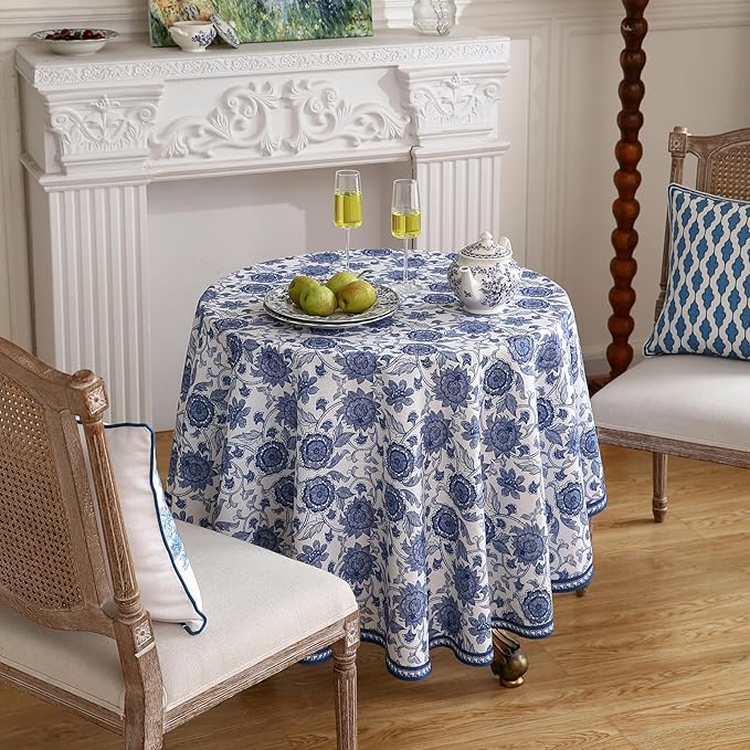 patdrea Designer Blue Tablecloth for Round Tables,Vintage Elegant Linen with Paisley Floral Pattern Tablecloths,Farmhouse Flower Table Cover Cloth Decor for Kitchen Dining Christmas,Diameter 67"