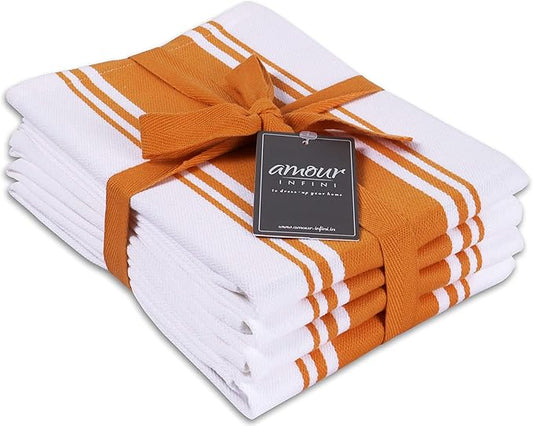 AMOUR INFINI Kitchen Towels 100% Cotton Pack of 4, Highly Absorbent Quick Drying Premium Striped Dish Towel for Kitchen with Hanging Loop Hand & Tea Towels (Orange)