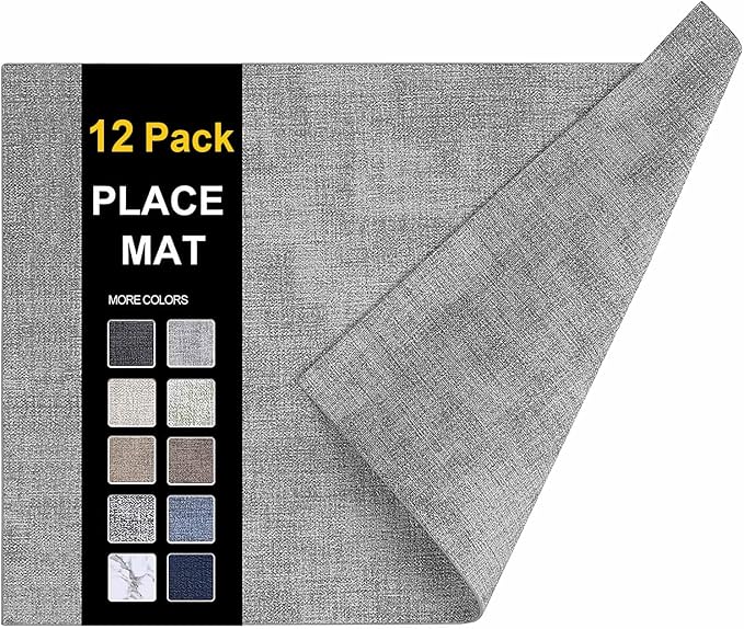 homing Faux Leather Heat Resistant Placemats Set of 12 – Waterproof Wipeable Dining PU Place Mats for Indoor & Outdoor, Easy to Clean - Light Grey