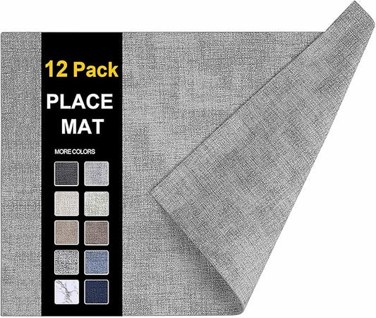 homing Faux Leather Heat Resistant Placemats Set of 12 – Waterproof Wipeable Dining PU Place Mats for Indoor & Outdoor, Easy to Clean - Light Grey