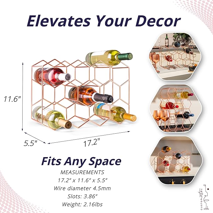 Gusto Nostro Countertop Wine Rack - 14 Bottle Freestanding Modern Metal Wine Rack - 3 Tier Tabletop Wine Holder Stand for Cabinet, Pantry Wine Bottle Storage - No Assembly Required (Small, Rose Gold)