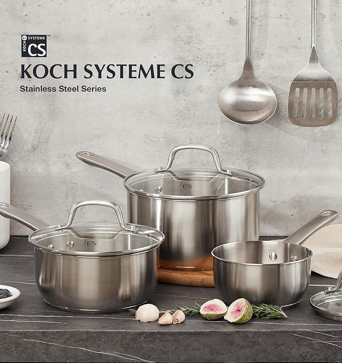 KOCH SYSTEME CS Stainless Steel Saucepan Set, 1 Quart & 2 Quart Sauce Pan Sets with Lid, Premium Sauce Pan Sets, Induction Saucepans, Stainless Steel Pot Set, Steel Sauce Pots, Oven Safe