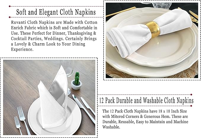 Ruvanti Cloth Napkins set of 12, 18x18 Inches Napkins Cloth Washable, Soft, Durable, Absorbent, Cotton Blend. Table Dinner Napkins Cloth for Hotel, Lunch, Restaurant, Weddings, Events, Parties - White