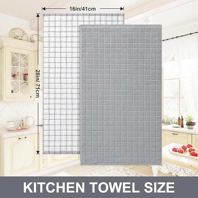 Homaxy Premium Cotton kitchen towels 16"x 28", Large Natural Ring Spun 390 GSM Dish Towels, Super Absorbent Terry Kitchen Hand Towels, Soft Tea Towel with Hanging Loop, Light Grey Check Design, 6 Pack