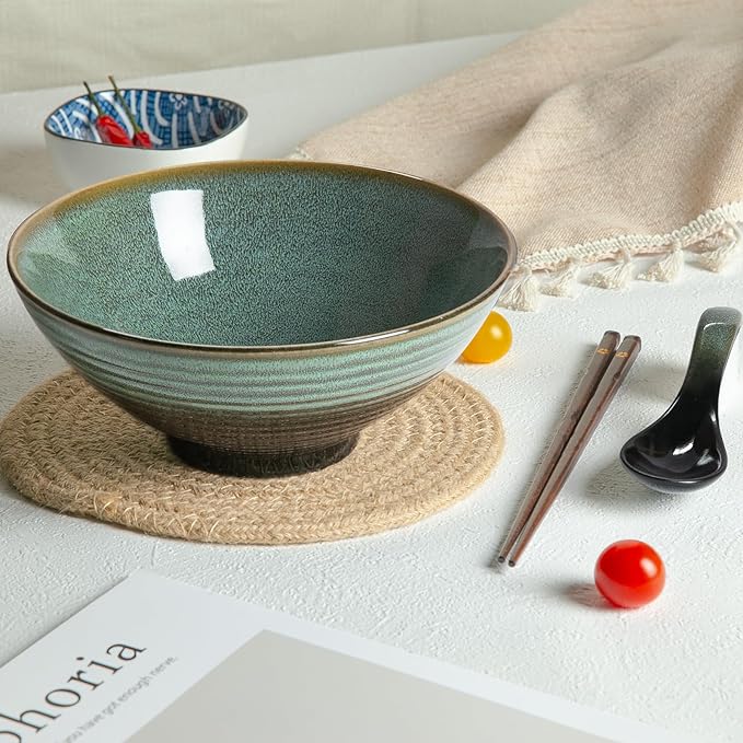 40 oz Ceramic Ramen Bowl Set of 2, Ramen Noodle Bowl with Spoons and Chopsticks 8 Inch Japanese Retro Style Large Soup, Pho, Udon Bowls, Microwave & Dishwasher Safe, Green