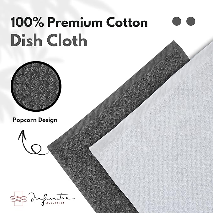Infinitee Xclusives Premium Dish Cloth 100% Cotton 12 x 12 Inches |Pack of 4| - Ultra Soft Tea Towels - Highly Absorbent Kitchen Rags - Terry Dishcloth for Kitchen and Household Cleaning |Grey|