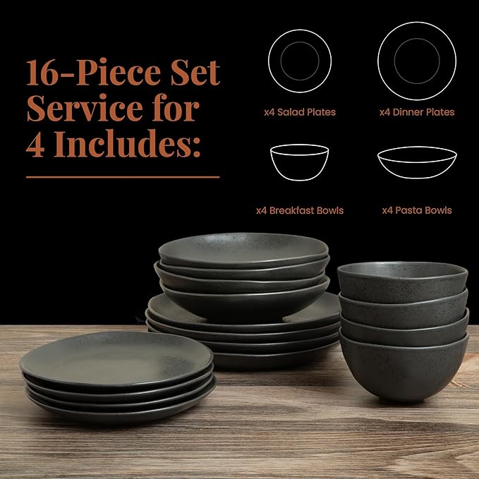 Trasa Home Eco-Friendly High Fired Artisan Stoneware Dinnerware 16 piece set, 4 place settings (Charcoal)