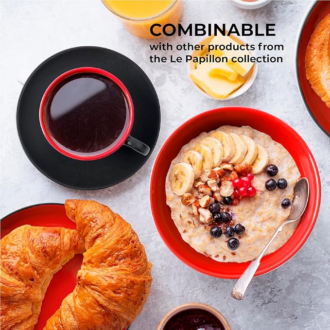 MIAMIO - Set of 6, Ceramic Stackable Cappuccino Cups Set / 6 Ounce Cappuccino Mugs and Saucer with Metal Stand for Coffee Drinks, Cafe, Latte, Americano and Tea - Le Papillon Collection (Red)