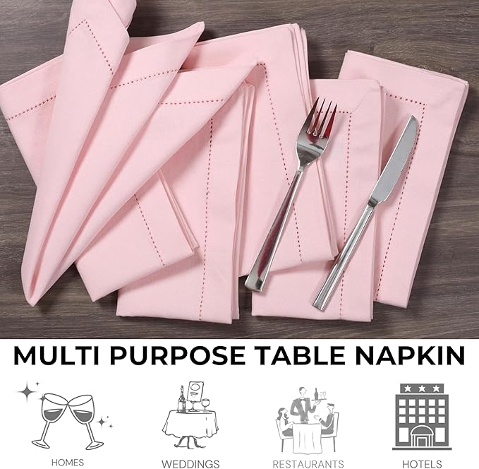 Bedding Craft Cotton Cloth Dinner Napkins Set of 12 – 18x18 Chalk Pink Hemstitched – Reusable Machine Washable Fabric Napkins for Weddings, Easter, Thanksgiving & Christmas