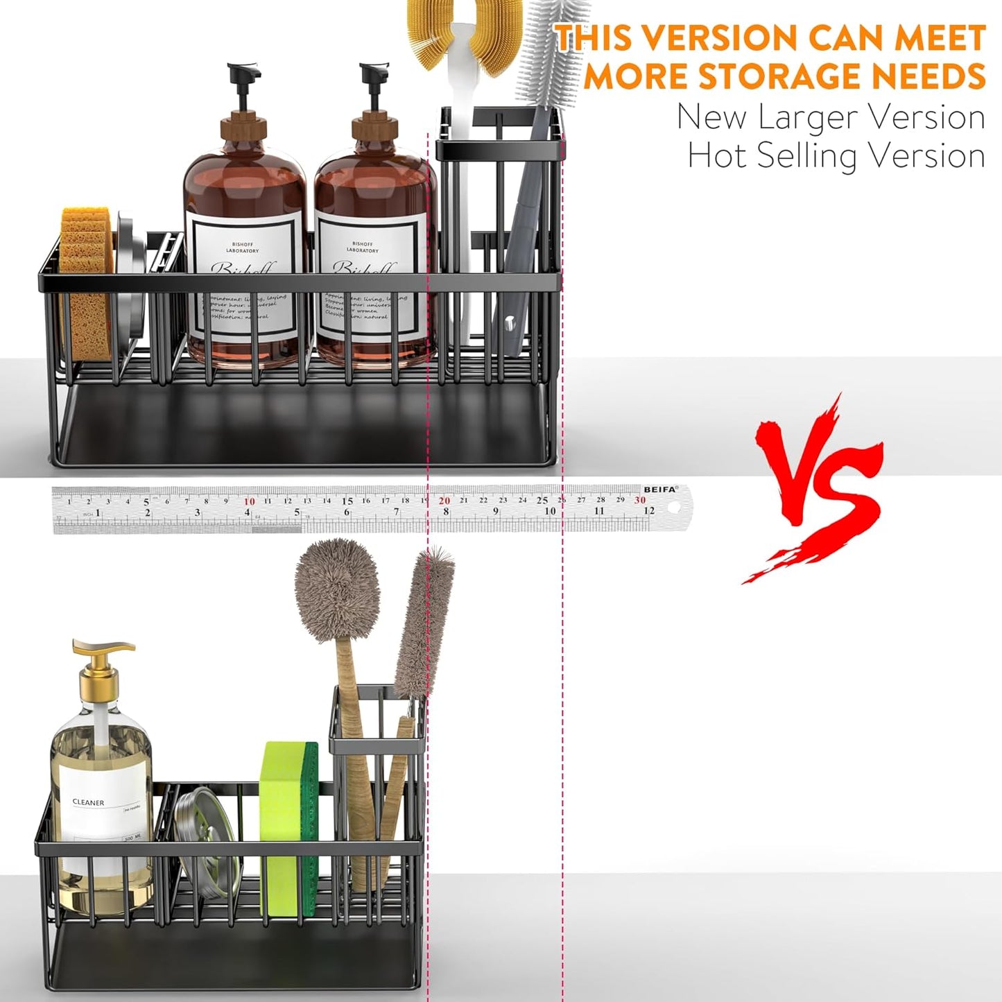 Cisily Extra Large Kitchen Sink Caddy Organzier with High Brush Holder, Sponge Holder for Sink, 304 Rustproof Stainless, Kitchen Countertop Soap Dispenser Organizer For Decor and Accessories