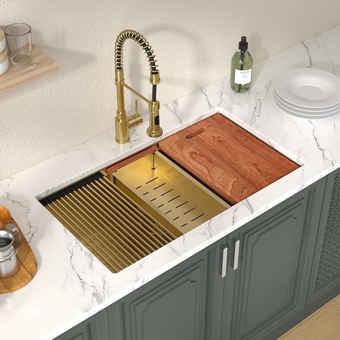 Lordear Gold Undermount Kitchen Sink 33" x 19" Stainless Steel Sinks 16 Gauge Single Bowl Ledge Workstation Handmade Under Counter Kitchen Sink Basin with Built-In Accessories