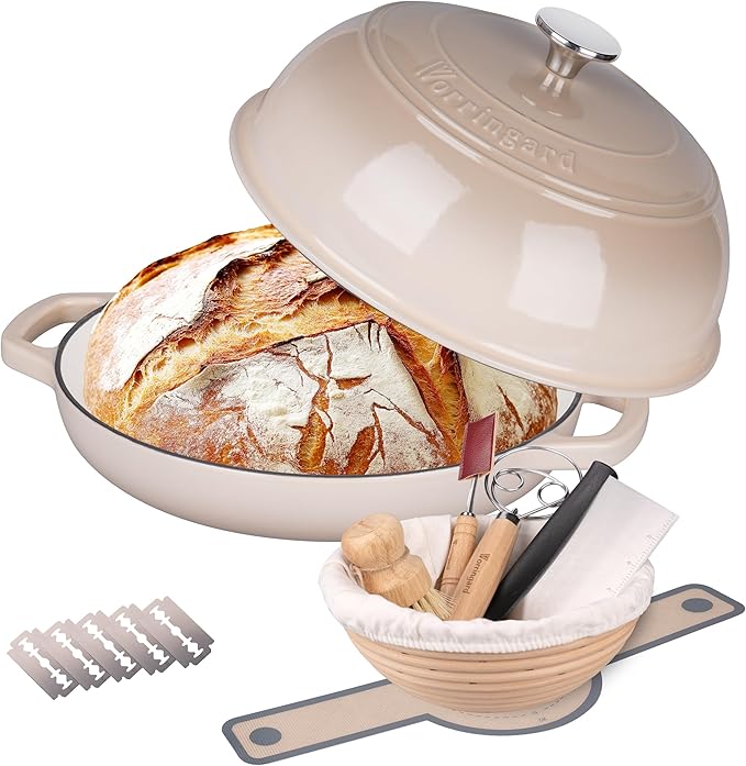 Enameled Cast Iron Dutch Oven Pot with Lid, Bread Oven for Sourdough Bread Baking, Dutch Ovens with Bread Proofing Basket& Baking Supplies Set, 6 Quart, Latte