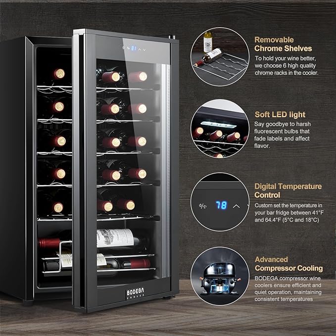BODEGACOOLER Wine Cooler 24 Bottle for Home and Kitchen, Mini fridge for Bedroom,Wine Fridge with 41-64.4°F Digital Temperature Control,Small Freestanding Wine Refrigerator for Red, White & Champagne
