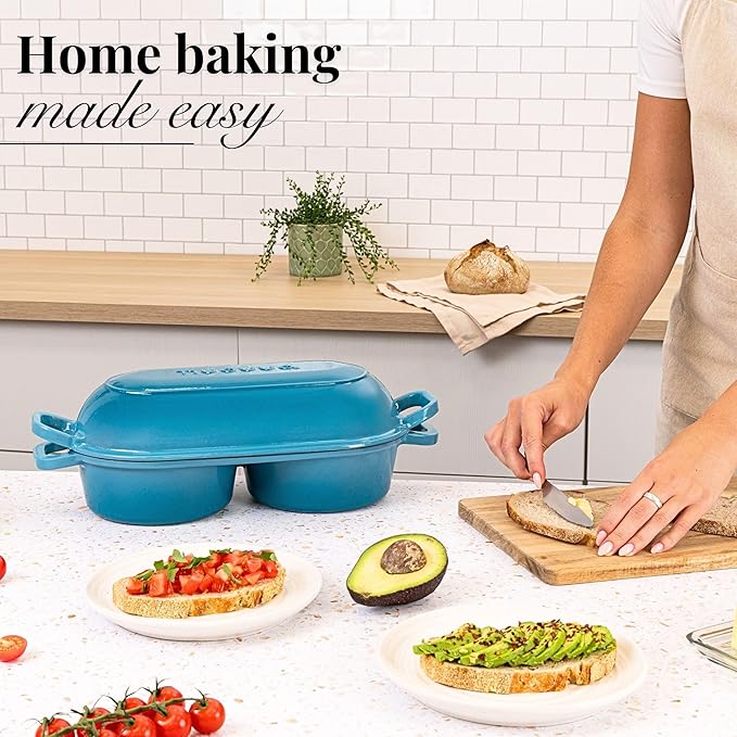 Dutch Oven For Sourdough Bread Baking – Enamelled Cast Iron Bread Loaf Pot – 500°F Oven Safe Non Stick Bread Pot – Double Round Loaf Space, 16.5cm Diameter, Light Blue, – by Nuovva