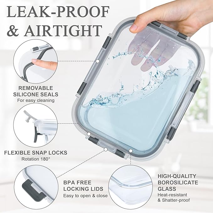 GEHE 5 Pack 36 Oz Glass Food Storage Containers with Lids, Glass Meal Prep Containers, Kitchen Airtight Lunch Storage Containers with Lids, Safe for Freezer, Oven, Dishwasher, BPA Free