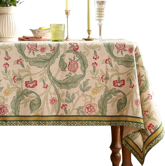 patdrea Designer Green Tablecloth for Square Tables,Vintage Linen with Leaves and Flowers Pattern Tablecloths,Farmhouse Floral Table Cover Cloth Decor for Kitchen Dining Christmas,67"*67"