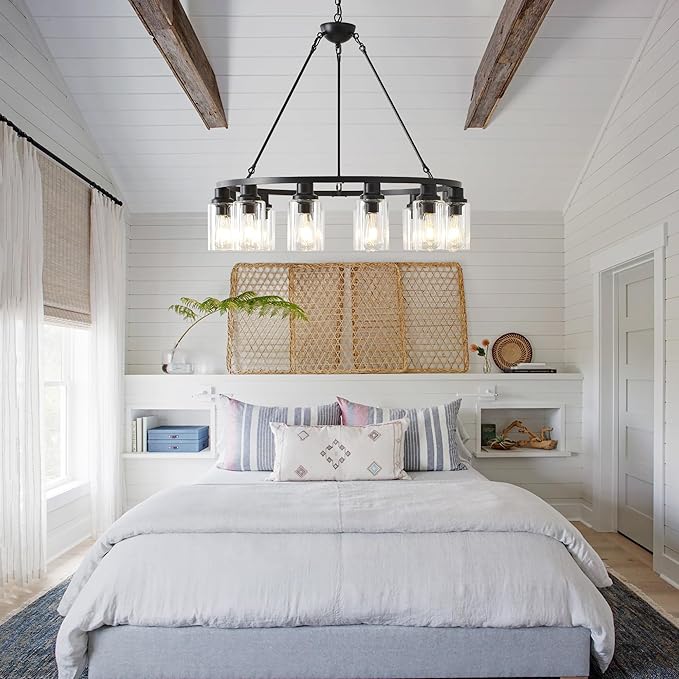 32“ Black Wagon Wheel Chandelier, 12-Light Farmhouse Glass Pendant Lights Kitchen Island Round Hanging Lighting fixtures Ceiling for Living Room, Dining Room, Kitchen Island, Entryway, Foyer