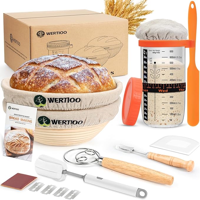 Sourdough Bread Baking Supplies, Sourdough Starter Kit, 2 9 Inch Round Banneton Bread Proofing Basket with 24 Oz Glass Jar, Sour Dough Tools with Danish Dough Whisk & Scraper