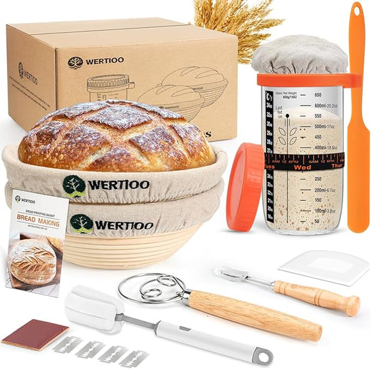 Sourdough Bread Baking Supplies, Sourdough Starter Kit, 2 9 Inch Round Banneton Bread Proofing Basket with 24 Oz Glass Jar, Sour Dough Tools with Danish Dough Whisk & Scraper
