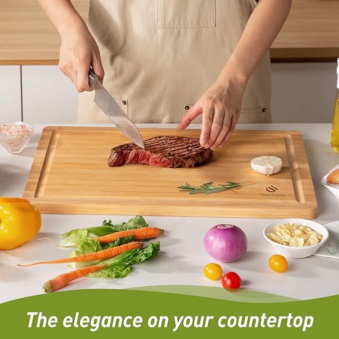 Extra Large Charcuterie Bamboo Board Non Slip Feet Over Sink Wooden Cutting Chopping Board Butcher Block Nice Solid Thick Juice Groove Big Xl XXl xlarge Hardwood Kitchen Counter Organic Meat BBQ Kit