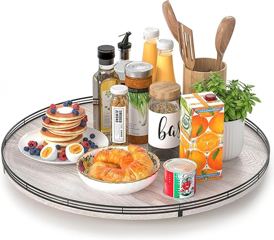 24" Lazy Susan Wood Turntable Organizer for Kitchen Decor, Farmhouse Round Wooden Larger Lazy Susan Organization and Storage for Cabinet, Dining Table, Pantry, Bathroom, Countertop, Centerpiece