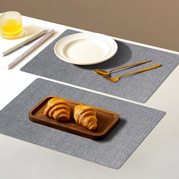Vinyl Placemats Set of 6-12×17.7 Inch Waterproof & Heattable Placemats, Fall Faux Leather Wipeable Outdoor Table Mat for Dining, Kitchen, Indoor Outdoor Use (Grey, Linen Texture)