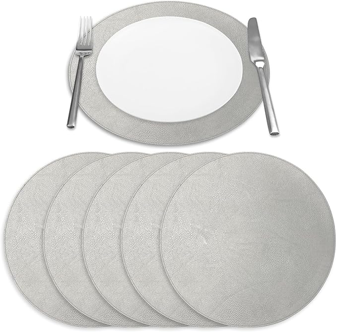 Placemats Set of 6 – Round 15” Faux Leather Table Mats for Dining, Heat Resistant & Non-Slip Washable Table, Indoor, Outdoor, Dining Table Set for 6, Modern Kitchen & Holiday Use, Silver