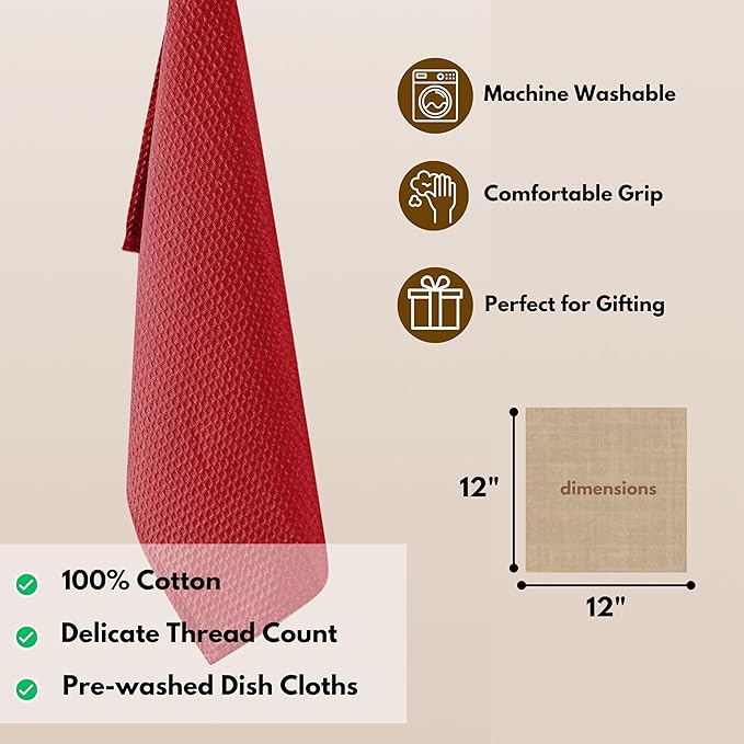 Native Fab 6 Pack Waffle Dish Cloths - 100% Cotton, Absorbent, Quick Drying & Soft Towels for Cleaning, Cooking & Baking - Ideal for Home, Restaurants & Cafes - 12x12 Inches - Red