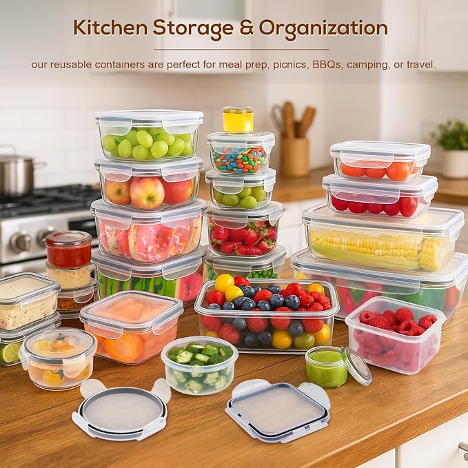 50 PCS Food Storage Containers with Lids, Clear Stackable Airtight Leakproof Reusable Plastic Meal Prep Container Set for Kitchen Storage/Lunch, Fridge/Microwave Safe with Labels&Pen