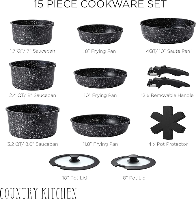 Country Kitchen Cookware Set with Removable Handle, Oven & RV Safe Pots and Pans Set, Black, Deluxe Larger Set