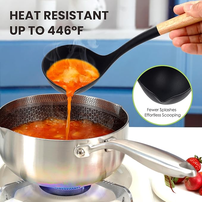 Large Silicone Cooking Utensils Set 7 Pcs, Wooden Handles Heat Resistant Spatula Set, Food Grade Silicone Kitchen Utensils Set with Holder, Gadgets BPA Free for Non-Stick Cookware