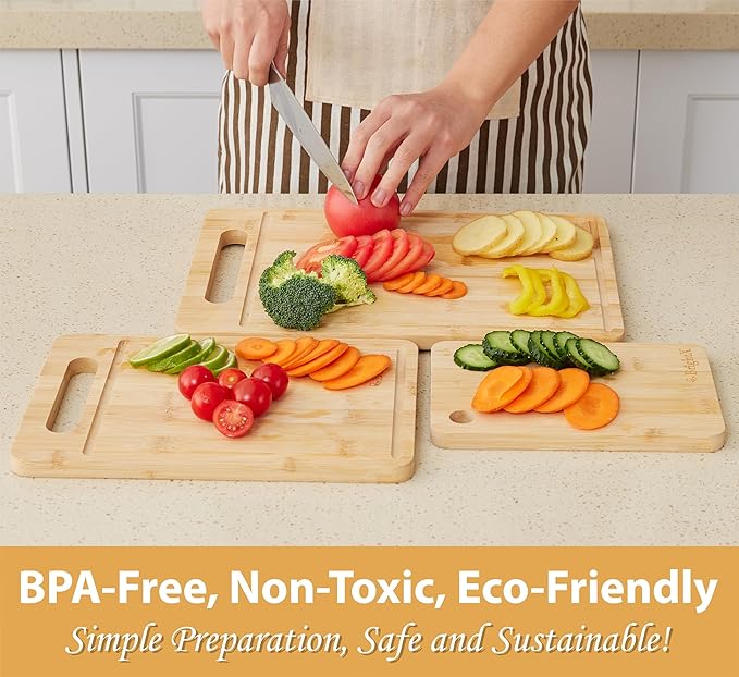 BRIGHTX Premium 3pc Bamboo Cutting Boards for Kitchen - Small, Medium & Large Wooden Cutting Boards for Kitchen | BPA-Free, Dishwasher Safe Cutting Board Set | Best Non-Toxic Wood Cutting Board Set