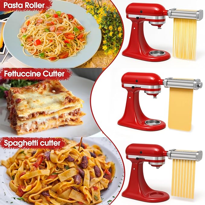 Pasta Maker Attachments Set for all KitchenAid Stand Mixer Included Pasta Sheet Roller （SU304）,8 Adjustable Thickness Settings Perfect for Spaghetti, Fettuccini, Lasagna or Dumpling Skin Silver