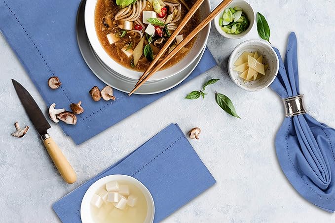 Bedding Craft Cotton Cloth Dinner Napkins Set of 12 – 18x18 Water Blue Hemstitched – Soft Durable Machine Washable Fabric Napkins for Weddings, Christmas, New Year & Everyday Dining