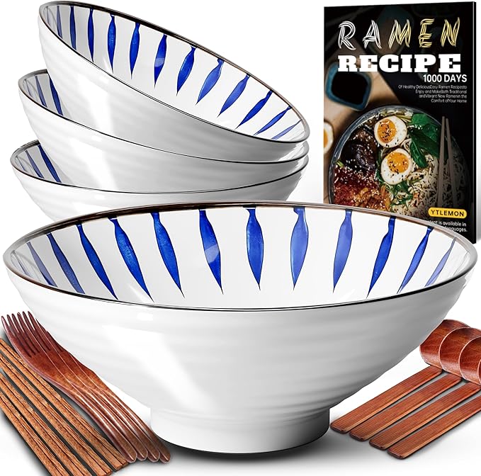8-Inch Ceramic Ramen Bowl Set of 4 (17 Piece) - Porcelain Japanese Salad Noodles Cereal Fruit Pasta Soup Large Bowls with Recipes Chopsticks Forks Spoons for Men Women Gift Microwave Dishwasher Safe