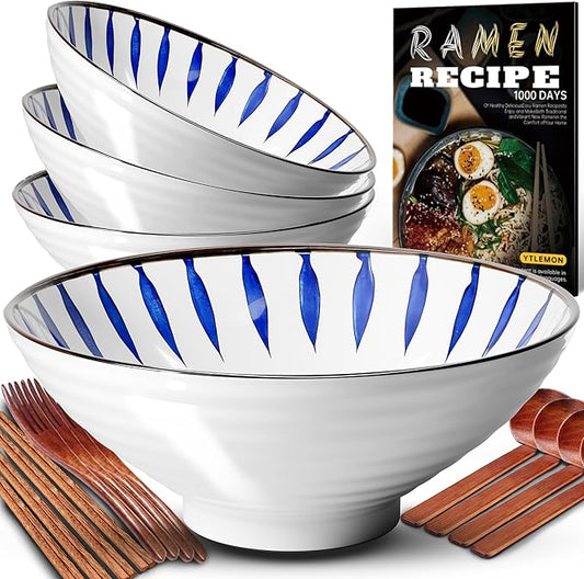 8-Inch Ceramic Ramen Bowl Set of 4 (17 Piece) - Porcelain Japanese Salad Noodles Cereal Fruit Pasta Soup Large Bowls with Recipes Chopsticks Forks Spoons for Men Women Gift Microwave Dishwasher Safe