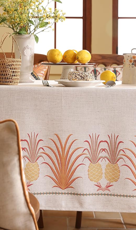 patdrea Designer Orange Tablecloth for Rectangle Tables,Pineapple Tree Pattern Linen Tablecloth,Tropical Style Fruit Table Cover Cloth Decor for Kitchen Dining Christmas,63"*110"