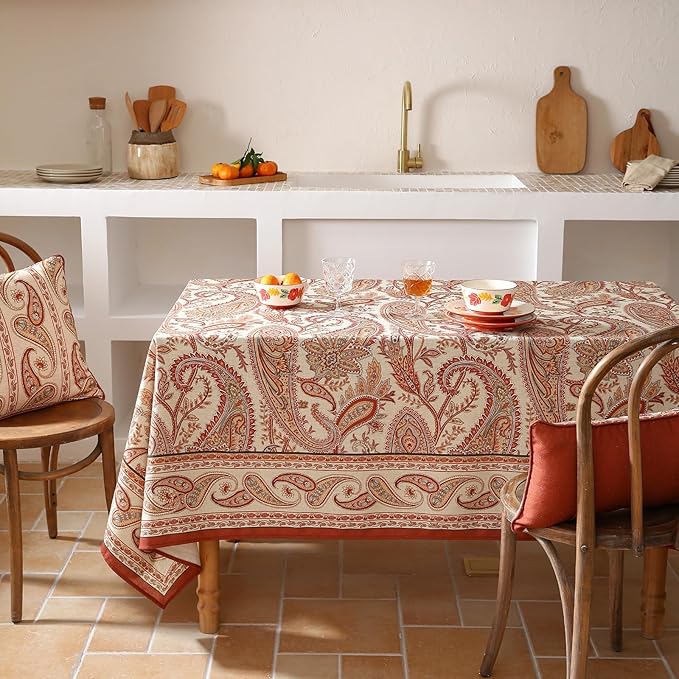 French Tablecloth for Rectangular Tables,Linen Table Cloth with Cashew Pattern,Heavy Durable Table Cover for Dining Thanksgiving Kitchen Decor Party Banquet Christmas,63"*94"