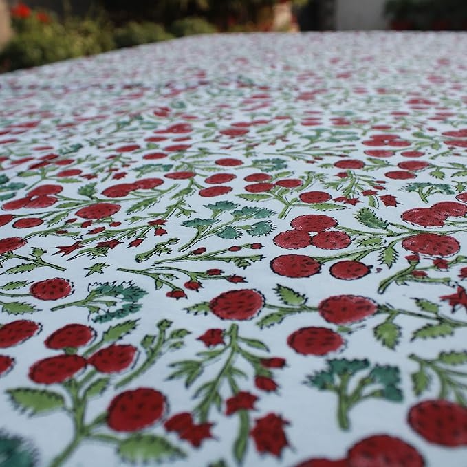 Ridhi Garnet Red Hand Block Print Cotton Rectangle Tablecloth 190 x 72 inch-Reusable Table Cover Decorative Everyday Use for Dining Room, Farmhouse, Thanksgiving, Christmas Wedding, Fall