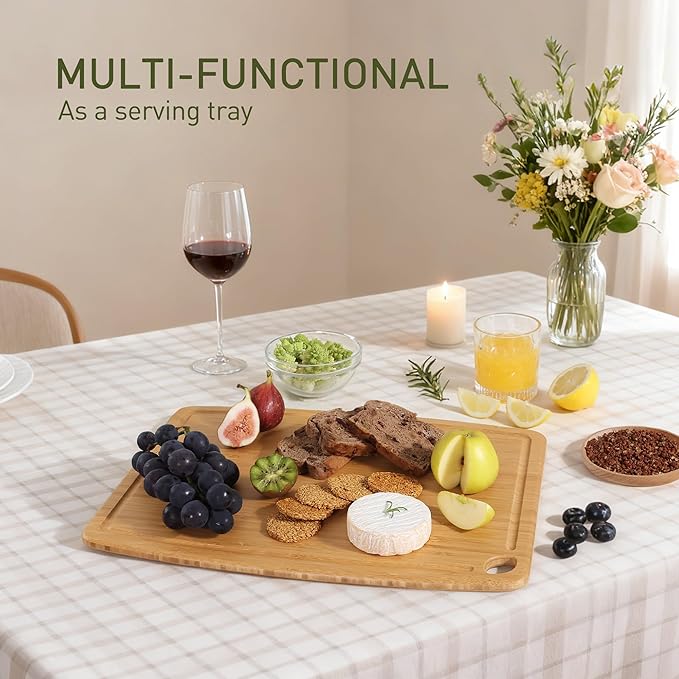 Lightweight Durable Bamboo Cutting Board with Non-Slip Feet, Extra Large Big Wood Cutting Boards for Kitchen with Juice Groove, Wooden Charcuterie & Chopping for Fruit, Vegetables & Cheese