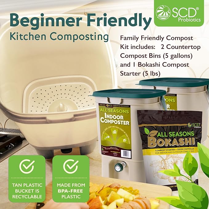 All Seasons Indoor Composter Starter Kit - Two Family-Sized Composting Bins for Kitchen Countertop and Bokashi Bran Starter 5 lb (2 gallons), Easily Compost Food After Every Meal, Odor Free