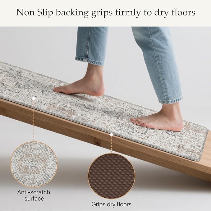 GENIMO Kitchen Mats for Floor, Washable Anti Fatigue Mat for Cushioned, Waterproof Kitchen Rugs, 17.3"x59", Non Slip Comfort Standing Mat Rug for Home, Runner, Sink, Office, Laundry, LightTaupeBrown