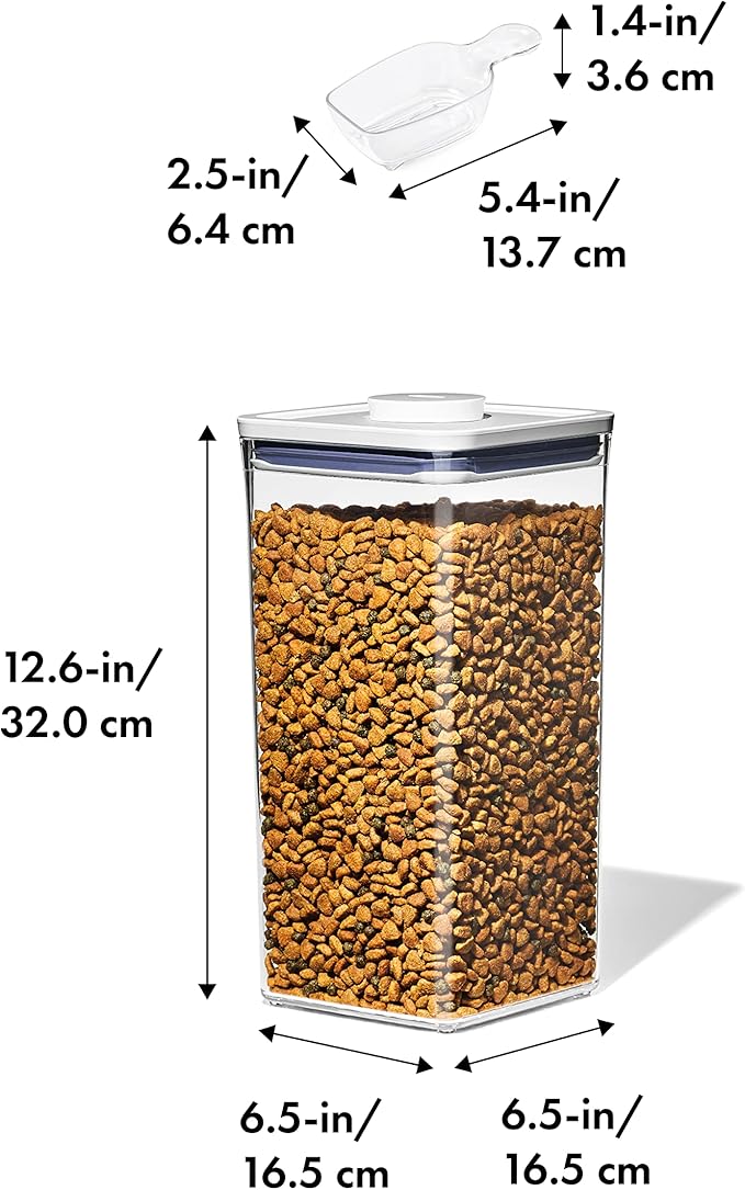 OXO Good Grips Pet POP Container – 6.0 Qt/5.7 L with Half Scoop, Ideal for up to 6.5lbs of Dog Food or 4.5lbs of Cat Food, Airtight Dog and Cat Food Storage Container, BPA Free, Clear