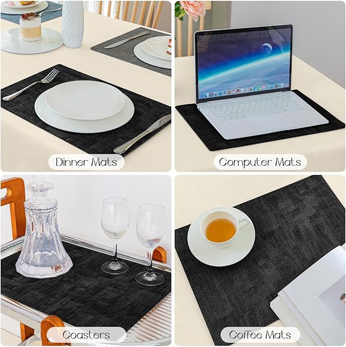 Romanstile Reversible Vinyl Placemats Set of 8, Faux Leather 100% Waterproof Oil-Proof Wipeable Place Mats, Heat Resistant Dual Sided Table Mats for Kitchen/Dining/Party (Black, 12 x 17 Inch)